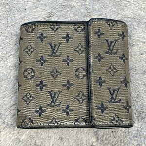 Louis Vuitton Mini Lin Monogram Denim Compact Wallet Navy Blue Gray Porte Billet
